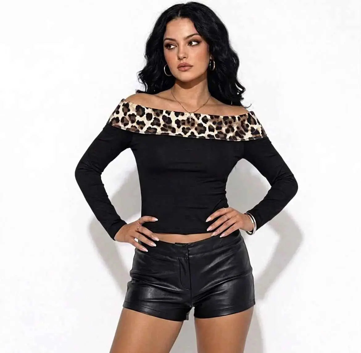 Leopard Print Spandex Off The Shoulder Top Long Sleeve Tops Cropped Long Sleeve