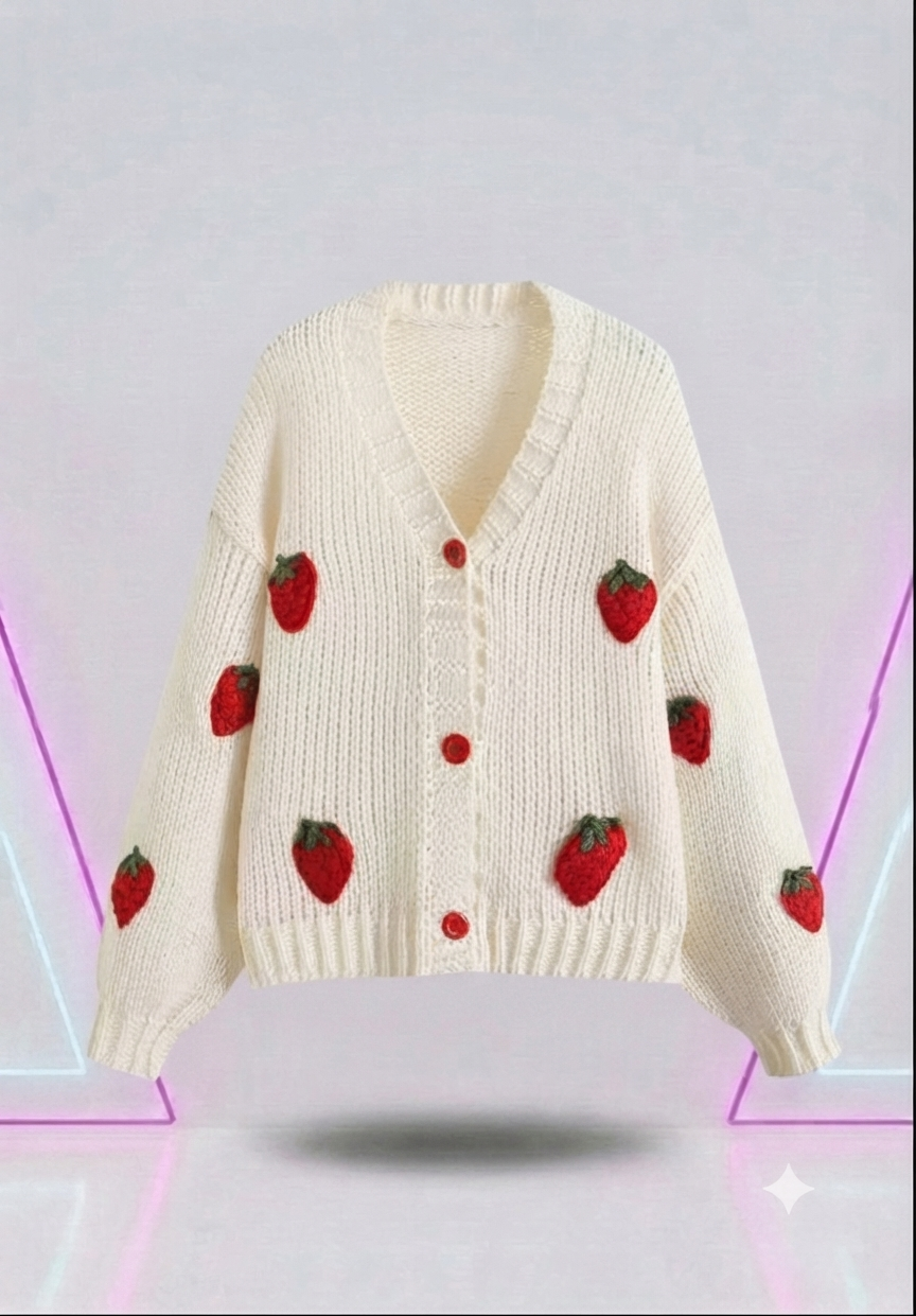Strawberry Puff knitted Sweater Long Sleeve Harajuku Cardigan