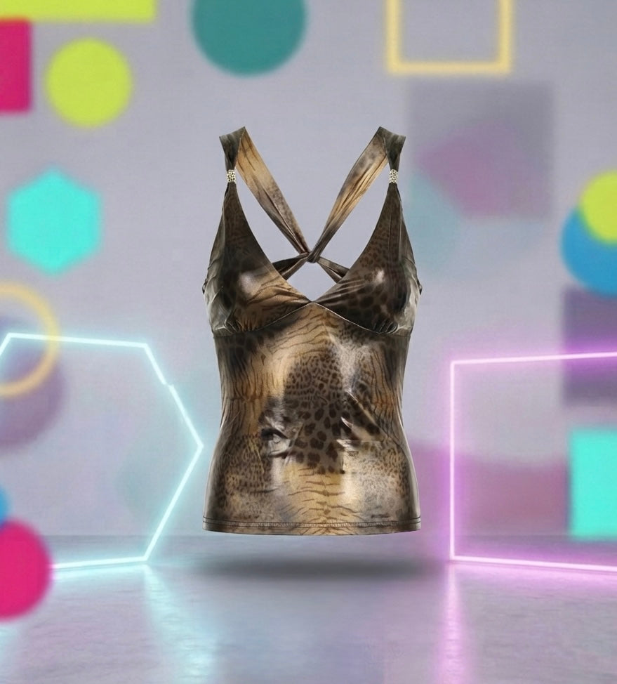 Vintage Backless Gold Brown Metallic Halter Top Chic Leopard Print Crop Top