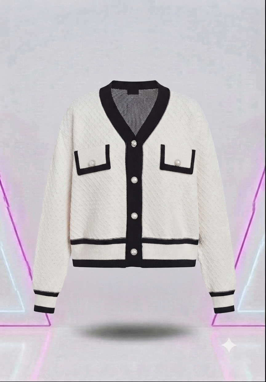 Elegant Pearl Button Waffle Knit Cardigan Sweater