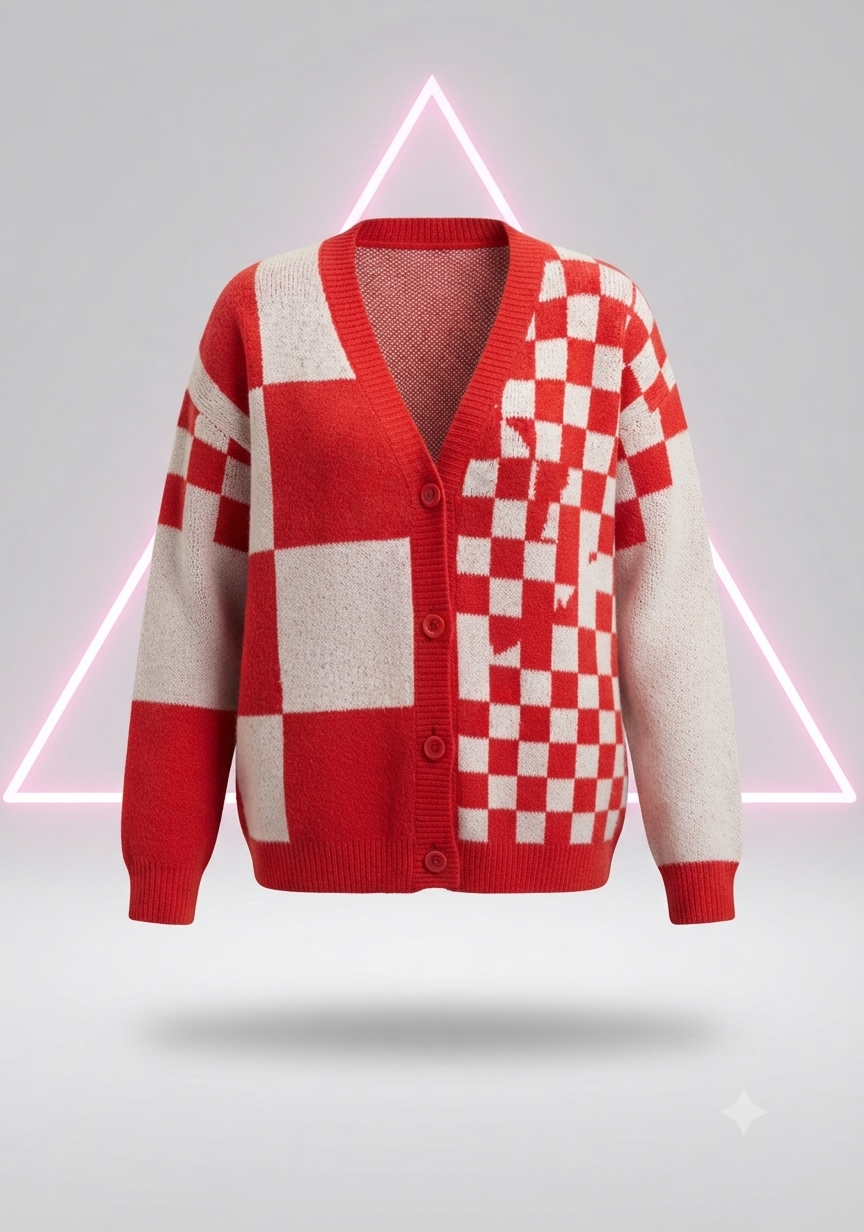 Vibrant Red Checkered Patchwork Pattern Sweater