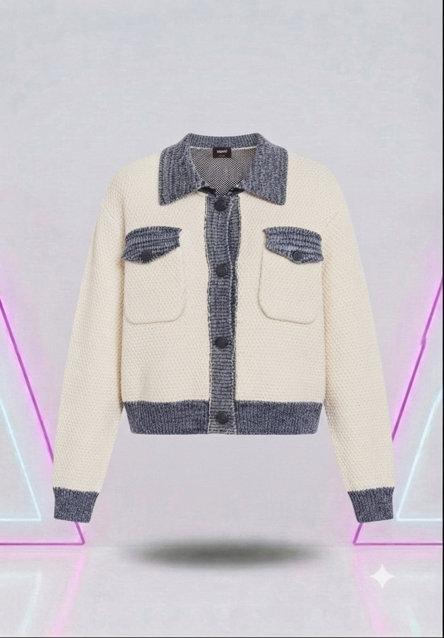 Patchwork Knit Cardigan Sweater Denim