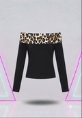 Leopard Print Spandex Off The Shoulder Top Long Sleeve Tops Cropped Long Sleeve