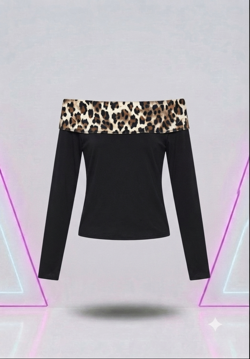 Leopard Print Spandex Off The Shoulder Top Long Sleeve Tops Cropped Long Sleeve