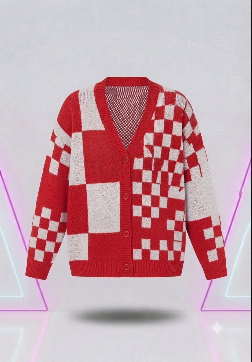 Vibrant Red Checkered Patchwork Pattern Sweater