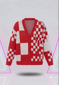 Vibrant Red Checkered Patchwork Pattern Sweater