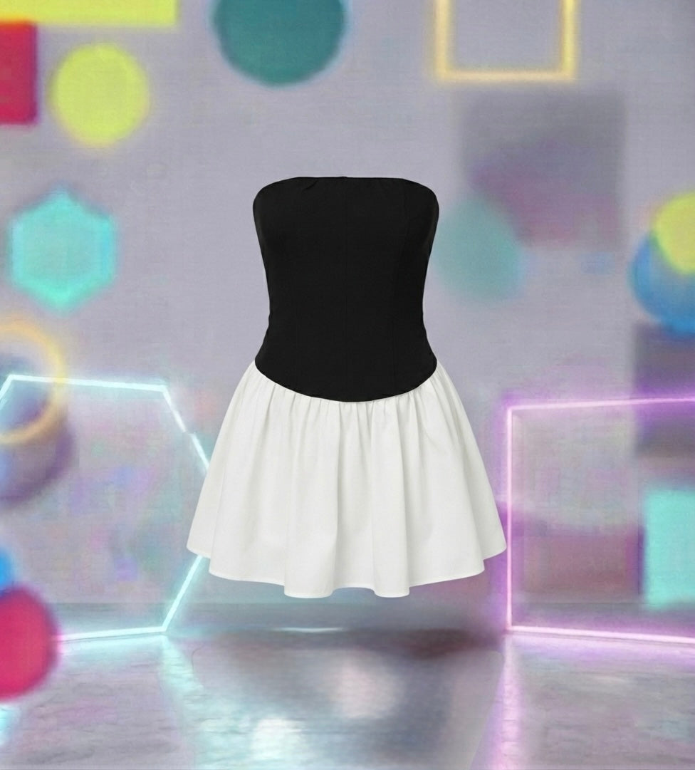 Elegant Patchwork Backless White Ruffle Hem Tube Top Dress