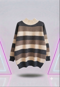 Oversized Striped Knit Cardigan Mock Neck Blouse Pull Over Sweater