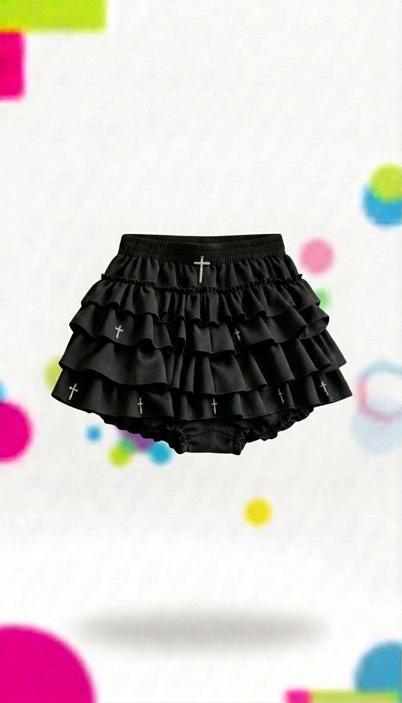Goth Coquette Tiered Ruffle Cross Charms Bloomers Mini Skirt