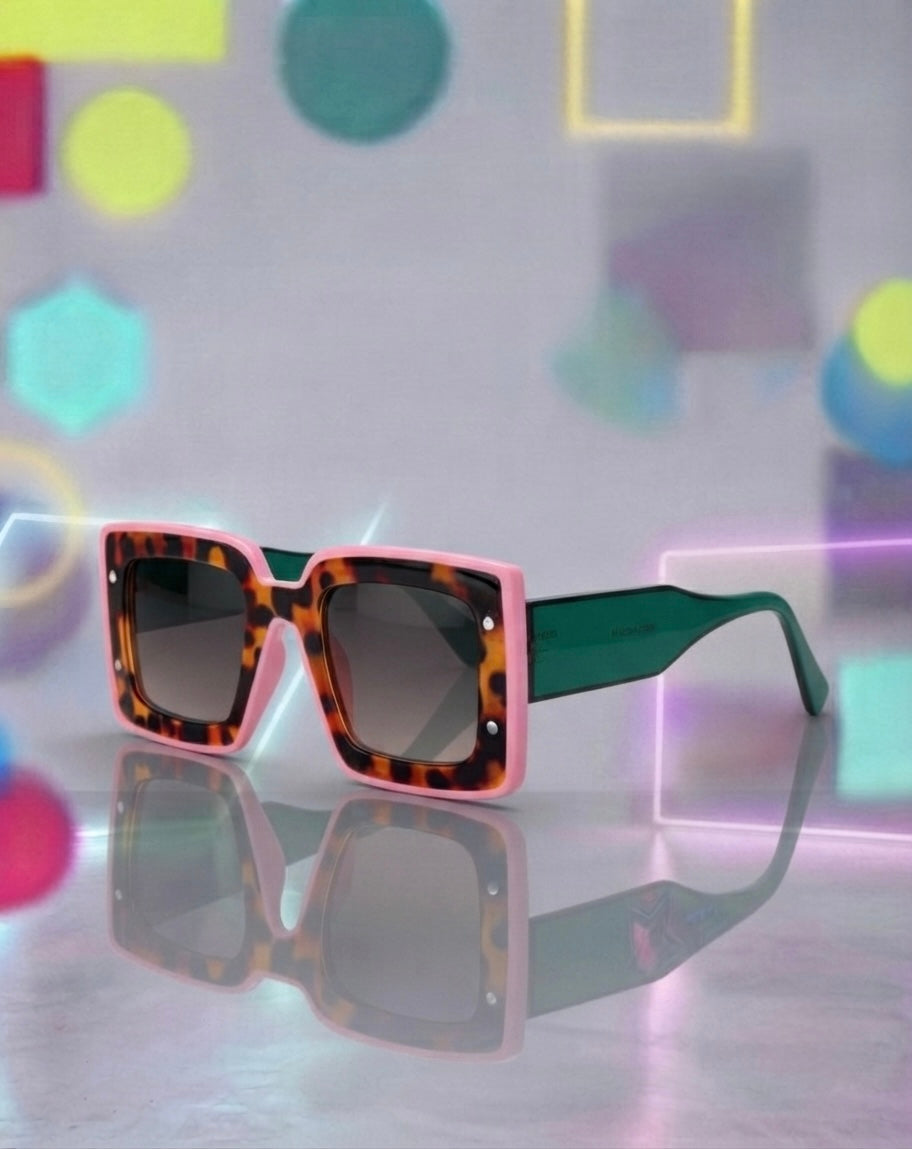 Pink Tortoise Shell Aqua Teal Color Block Mixed Animal Print Cheetah Frame Sunglasses