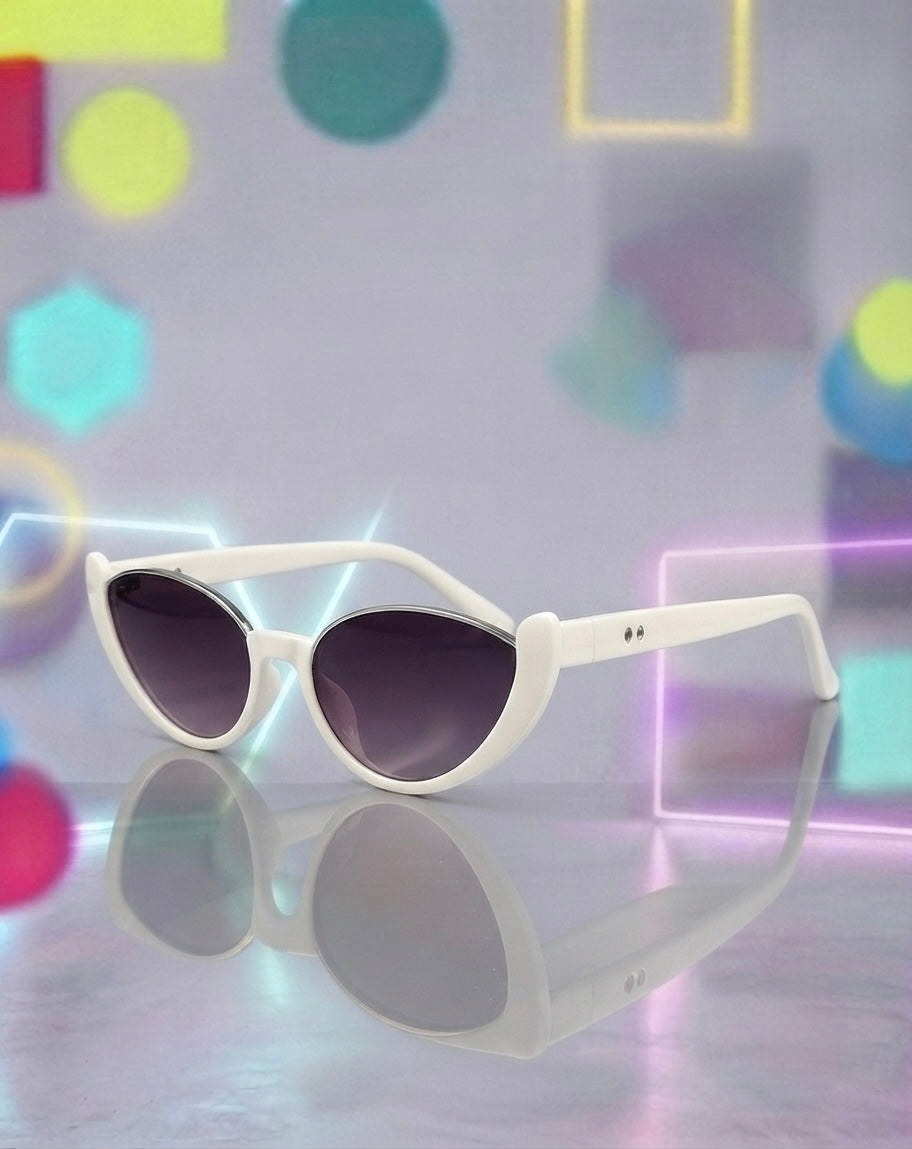 Classic White Cat Eye Sunglasses Semi Rimless Gold Rim Frames