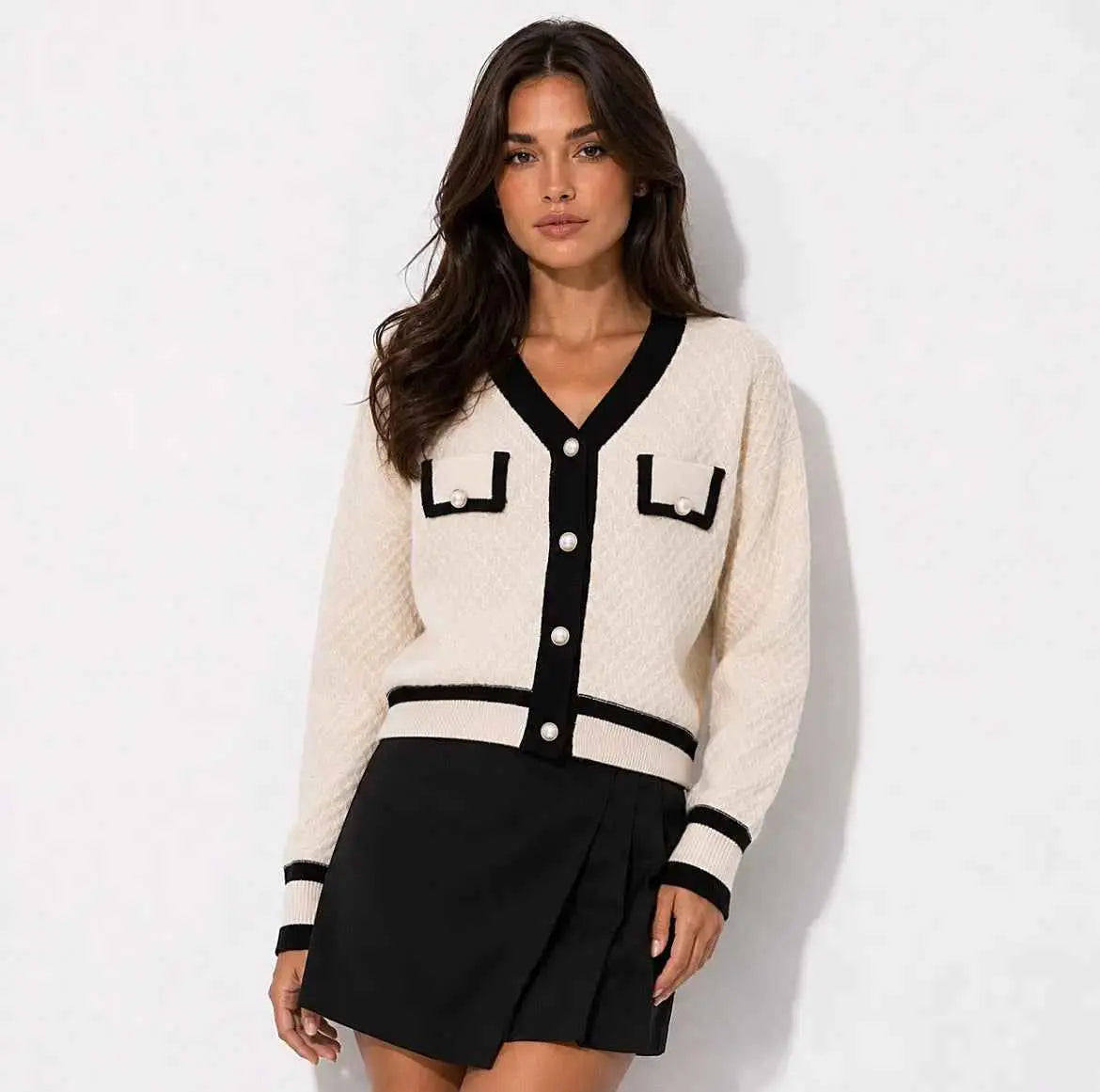 Elegant Pearl Button Waffle Knit Cardigan Sweater RebelThreads