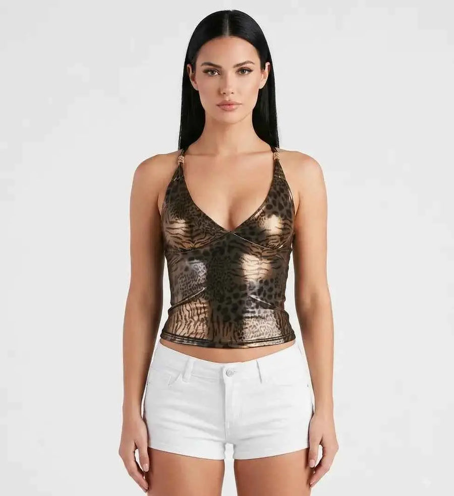 Leopard Print Gold Metallic Halter Top RebelThreads