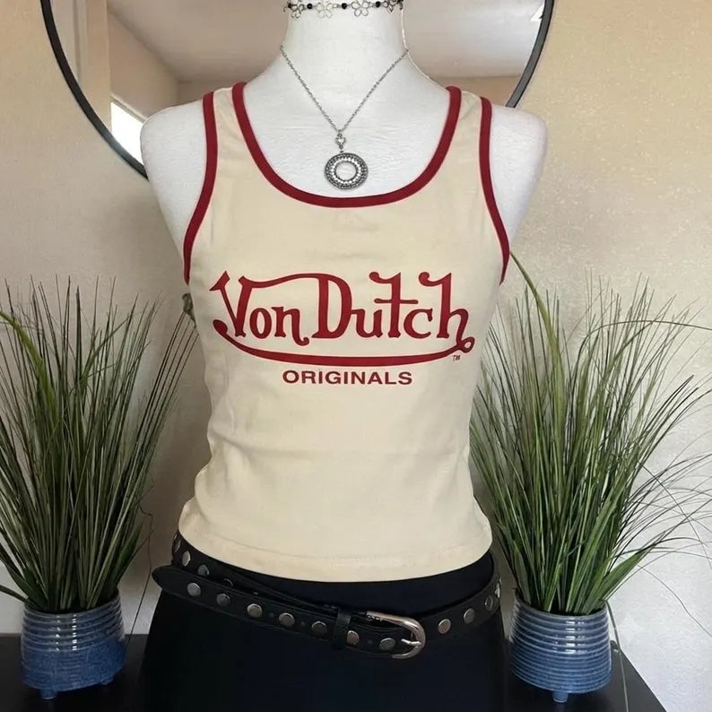 Vintage Von Dutch Crop Top T-Shirt Baby Tee Tank Tops Super Slim Fit